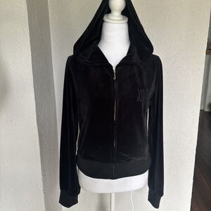 Juicy Couture Black Velour Cropped Tracksuit Jacket  Zip Up Hoodie Size Medium